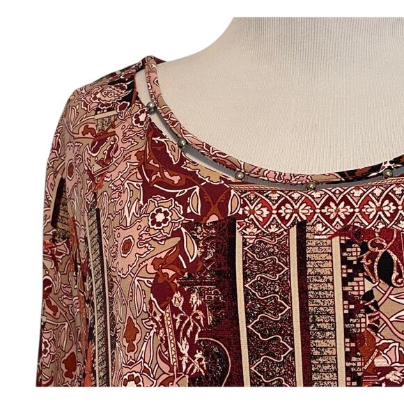 Chico's Hardware Detail Tunic Womens Large Burgundy Baroque Patchwork Flowy Top - Picture 2 of 8